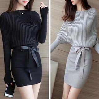 Batwing-sleeve Knit Dress With Sash