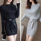 Batwing-sleeve Knit Dress With Sash