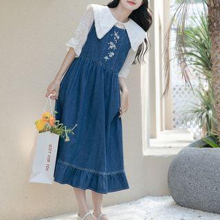 Elbow-sleeve Collar Blouse / Denim Midi A-line Overall Dress