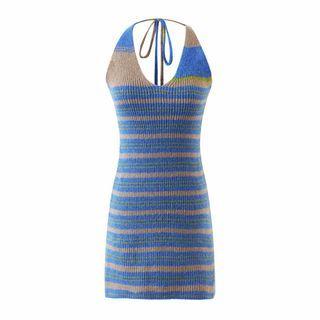 Halter-neck Striped Mini Sheath Dress 9583 - Stripe - Blue & Yellow - One Size