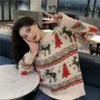 Round-neck Christmas Deer Knit Long-sleeve Sweater