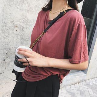 Plain Round-nack Short-sleeve Top