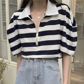 Short-sleeve Striped Half-zip Blouse Stripes - Black & White - One Size