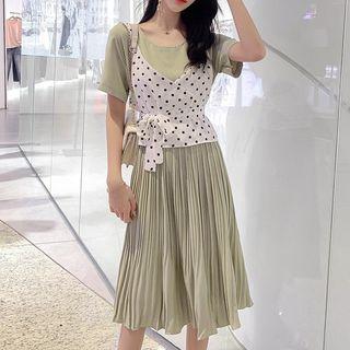 Set: Plain Short-sleeve A-line Dress + Dotted Camisole Top
