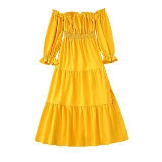 Long-sleeve Off-shoulder Tiered Midi A-line Dress