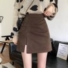 High Waist Shirred Side Slit A-line Mini Skirt