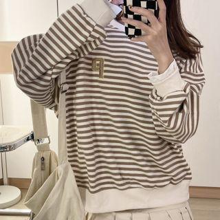 Round-neck Mock Two-piece Striped Long-sleeve Sweatshirt