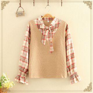 Mock Two Piece Gingham Plain Long-sleeve Shirt