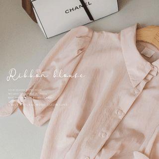 Puff-shoulder Asymmetric Collar Blouse