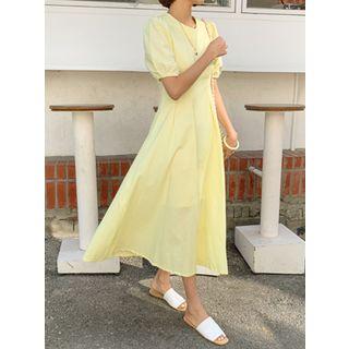 Puff-sleeve Pintuck-waist Maxi Flare Dress