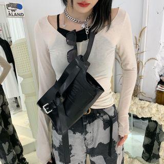 Set: Long-sleeve Sheer Top + Spaghetti Strap Top White - One Size