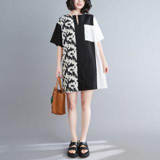 Short-sleeve Print Panel Mini Dress Panel - Dotted - Black & White - One Size