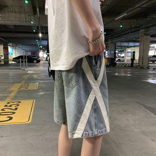 Washed Cross Panel Knee-length Denim Shorts