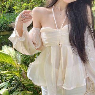 Long-sleeve Halter-neck Off-shoulder Ruched Top