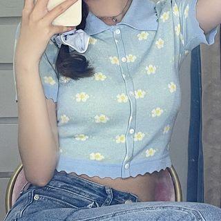 Short-sleeve Button-up Floral Print Knit Top White Flowers - Blue - One Size