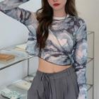 Long-sleeve Tie Dye Mesh Crop Top