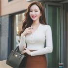 V-neck Button-trim Rib-knit Top