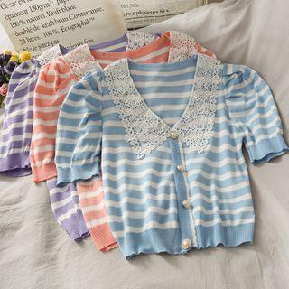 Lace-collar Striped Crop Knit Blouse In 6 Colors