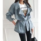 Belted Flap Denim Trench Jacket Blue - One Size