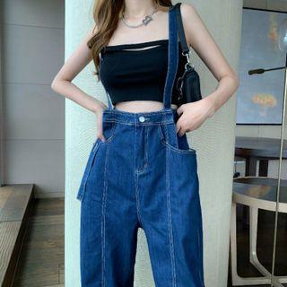 High-waist Straight Leg Denim Suspender Pants