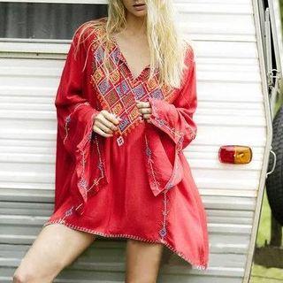 Long-sleeve Tie-neck Embroidered Top