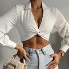 Long Sleeve Twisted Front V Neck Cropped Top
