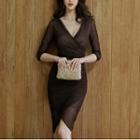 Elbow-sleeve Mesh Sheath Dress