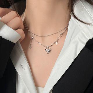 Heart Rhinestone Pendant Layered Alloy Choker Silver - One Size