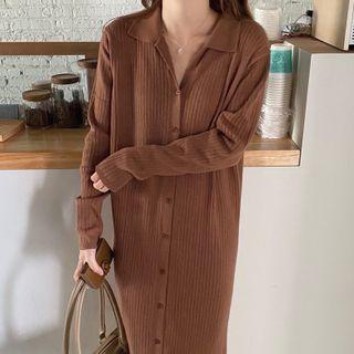 Long-sleeve Ribbed Single-breasted Maxi Dress