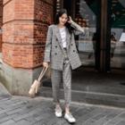 Set: Plaid Double-breasted Blazer + Straight-cut Pants