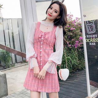 Set: Long-sleeve Top + Plaid Strappy A-line Dress
