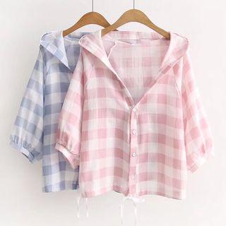 Plaid Hooded 3/4 Sleeve Jacket