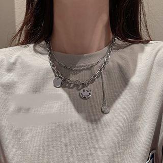 Smiley Face Layered Necklace 1 Pc - Smiley Face Layered Necklace - Silver - One Size