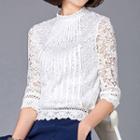 3/4-sleeve Pleated Lace Top
