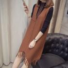 Set: Striped Mock Neck Long Sleeve Knit Top + Fringed Knit Pinafore Dress