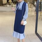 Set: Long Knit Vest + Long-sleeve Midi Dress