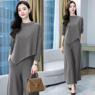 Set: Long-sleeve Asymmetrical Blouse + Wide Leg Pants