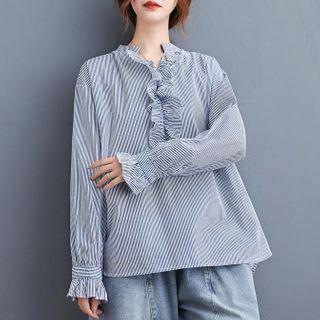 Long-sleeve Striped Ruffled Blouse Light Blue - One Size