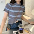 Short-sleeve Striped Mock-neck Knit Top Black & White & Blue - One Size