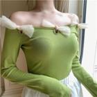 Plain Off-shoulder Slim-fit Mesh Ribbon Long-sleeve T-shirt