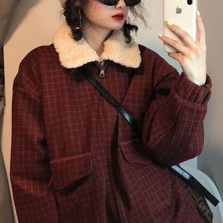 Lambswool Plaid Stand-collar Jacket Wine Red - One Size