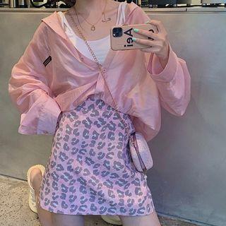 Long-sleeve Button-down Shirt / Leopard Mini Skirt