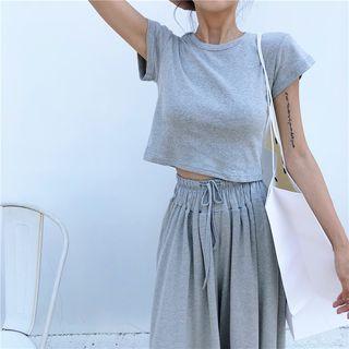 Set: Plain Slim-fit Short-sleeve Cropped T-shirt + High-waist Wide-leg Pants
