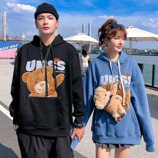 Cartoon Bear Embroidered Front Pocket Hooded Sweatshirt