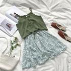 Set:single-breasted Camisole Tank+floral Lace-up Skirt