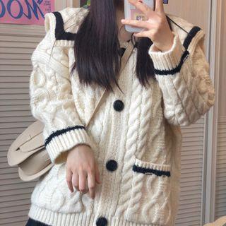 Sailor-collar Chunky Knit Cardigan Sweater - One Size