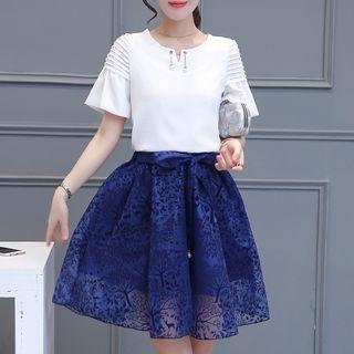 Set: Frill Trim Short Sleeve Top + Faux Pearl Tie Waist Mini Skirt