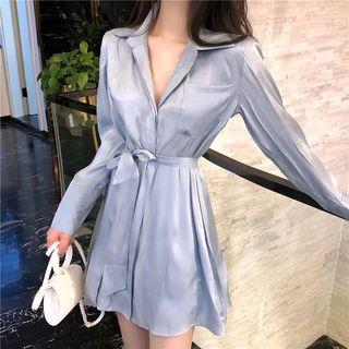 Plain Long-sleeve Shirt Dress Light Blue - One Size