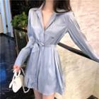 Plain Long-sleeve Shirt Dress Light Blue - One Size