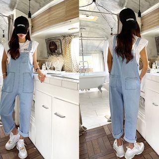 Pocket-trim Denim Overall Pants Light Blue - One Size